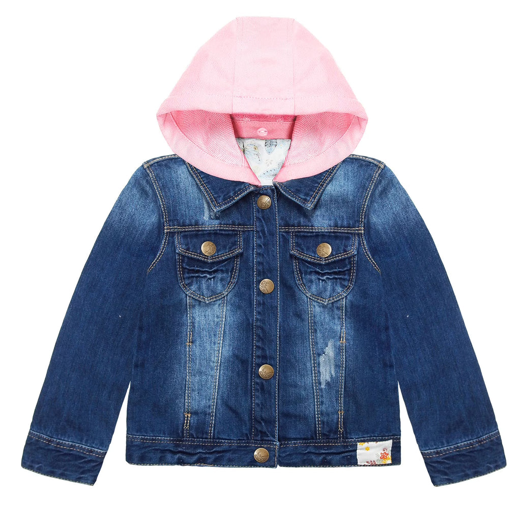 Pink Detachable Hood Flower Embroidered Jean Jacket C4616