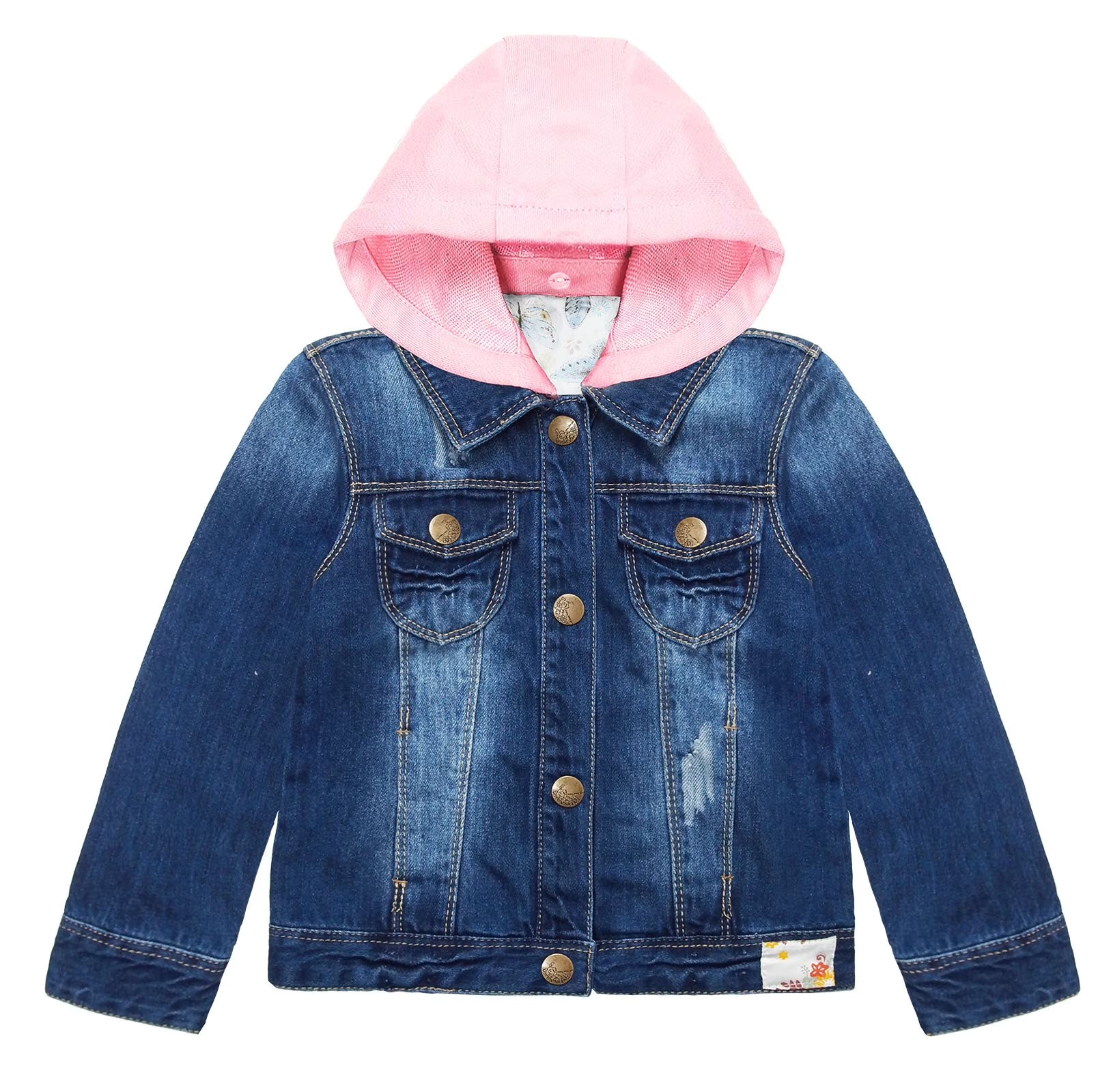 Pink Detachable Hood Flower Embroidered Jean Jacket C4616