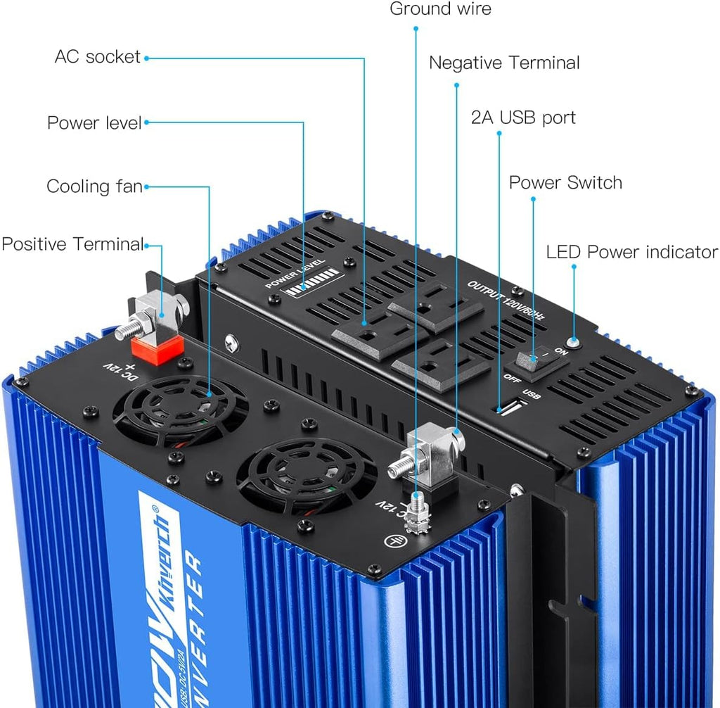 2000W Continuous 4000W Peak Power Inverter 3 AC Outlets 12V to 110V Car Converter with USB Port K590909