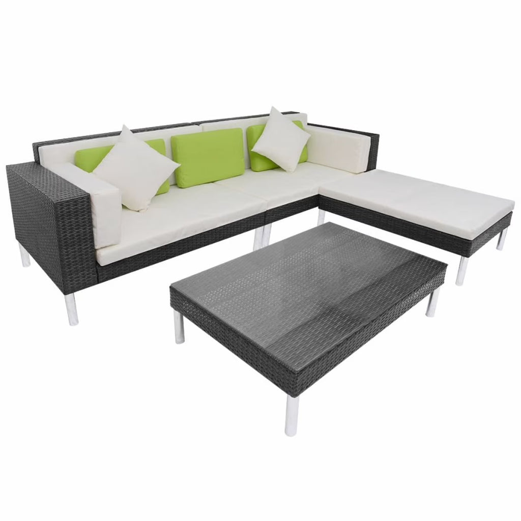 4 Piece Outdoor Conversation Set Cushioned Corner Sofa with Ottoman and Coffee Table Sectional Sofa Set Black Poly Rattan O553