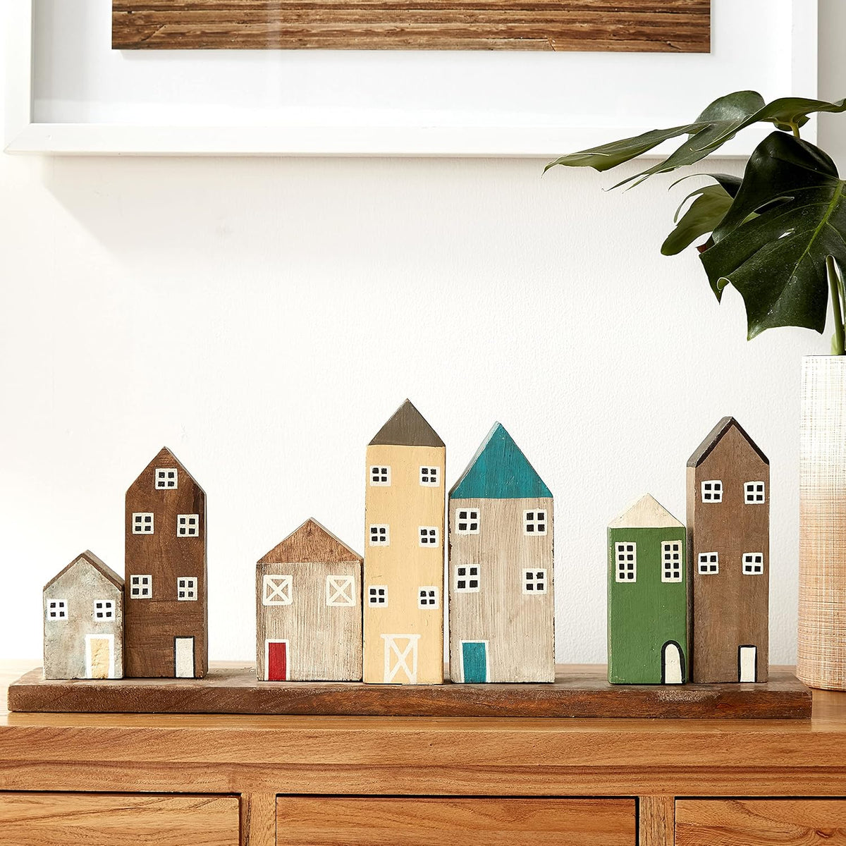 Multicolored Hand-Carved Mango Wood Village on Tray G848664