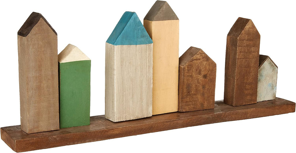 Multicolored Hand-Carved Mango Wood Village on Tray G848664