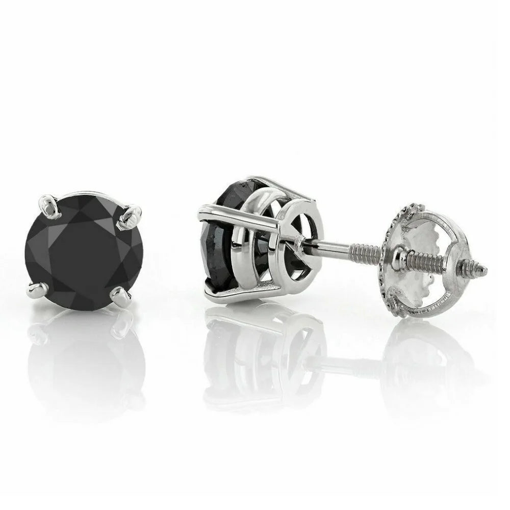 2 1/2ct Black Diamond Screw Back Stud Earrings 14K White Gold I956
