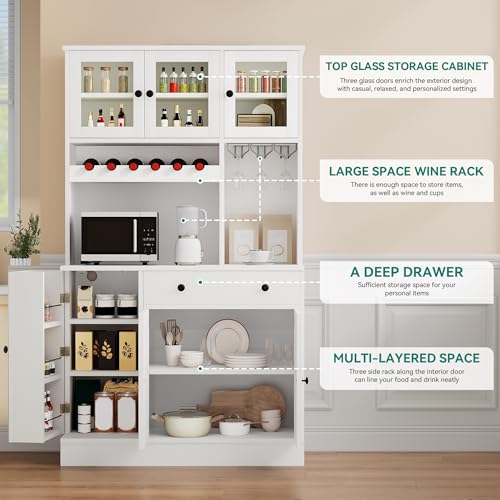 Grey Tall Kitchen Pantry Cabinet with Doors, Shelves, Drawer, Wine Rack, Power Outlet X408