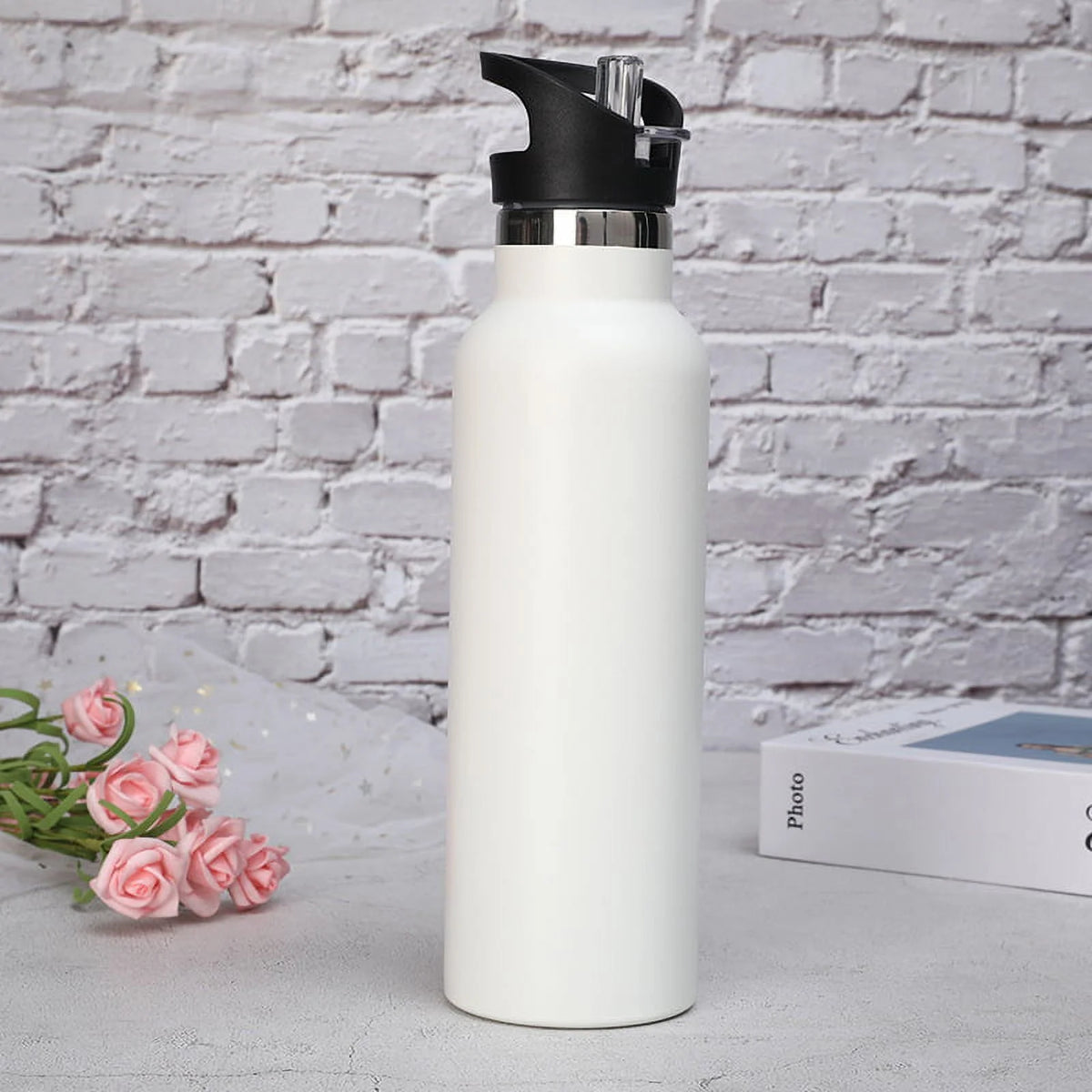 Black Water Bottle Vacuum Insulated Stainless Steel Leak-Proof Wide Mouth Kettle with Straw Lid Y853292