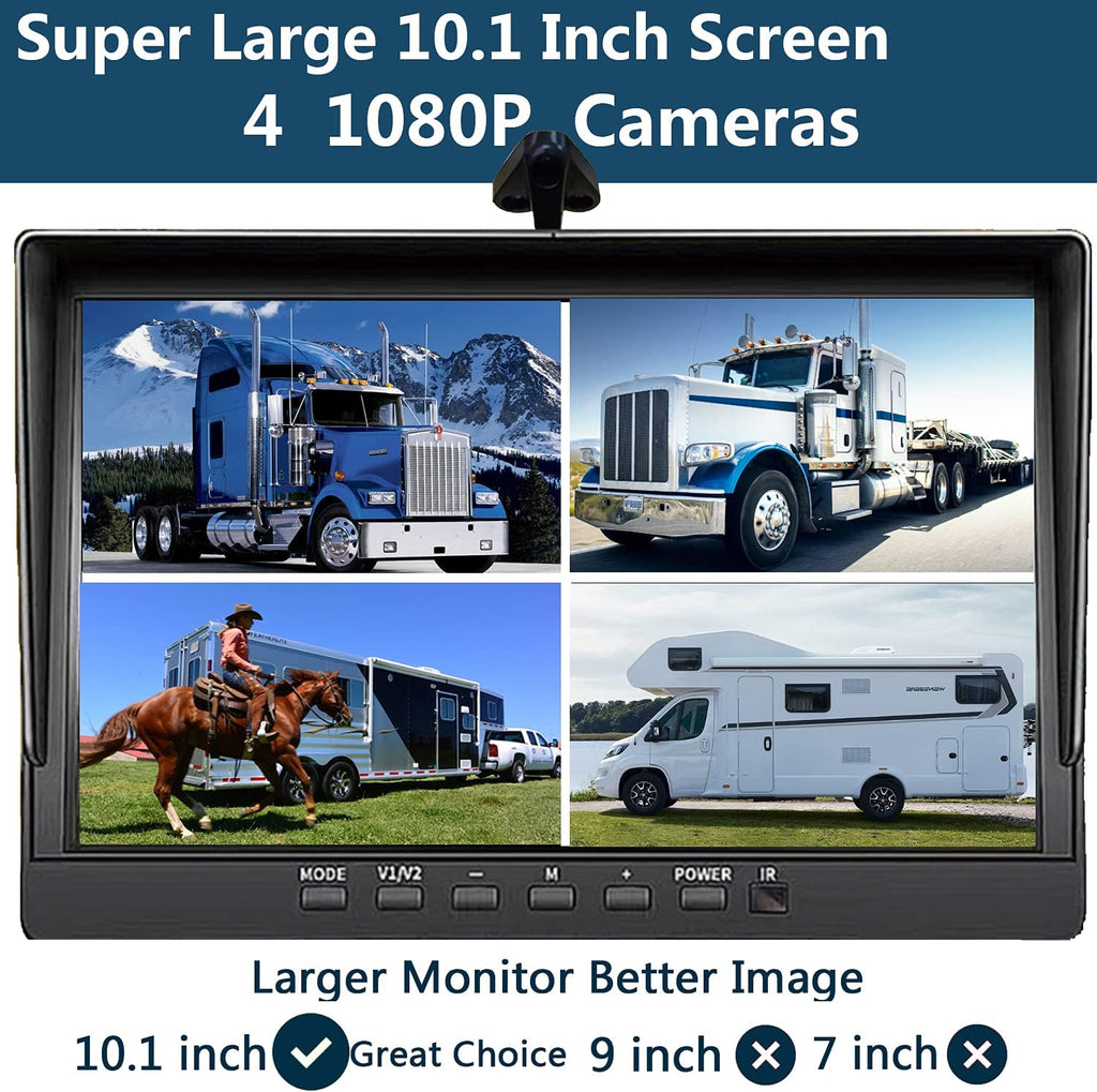 10.1 inch 1080P Backup Camera Monitor with 128GB DVR Waterproof 4 Split Screen T2713