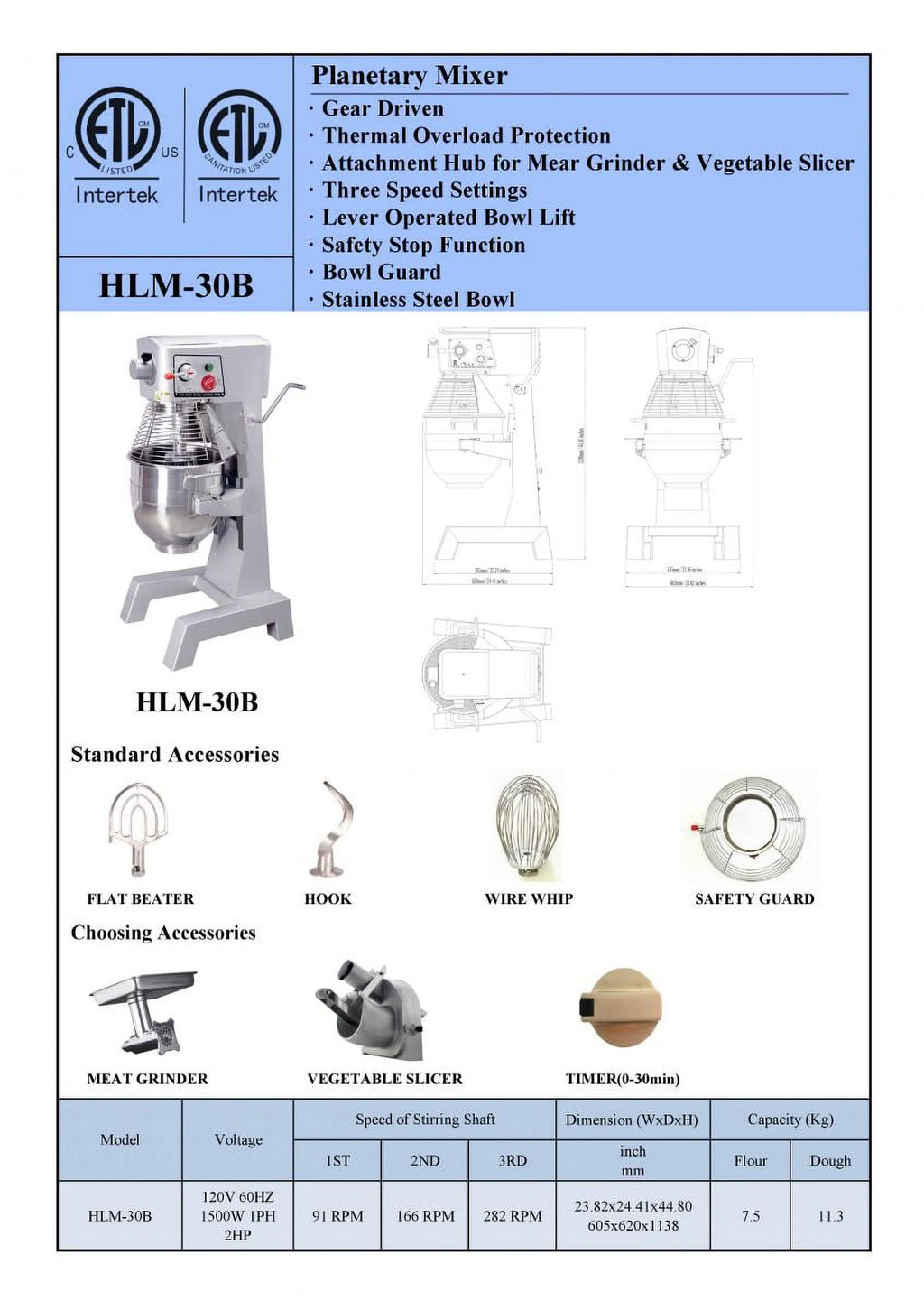 30Qt Commercial Dough Mixer 1500W Electric Food Mixer with 3 Speed A22158
