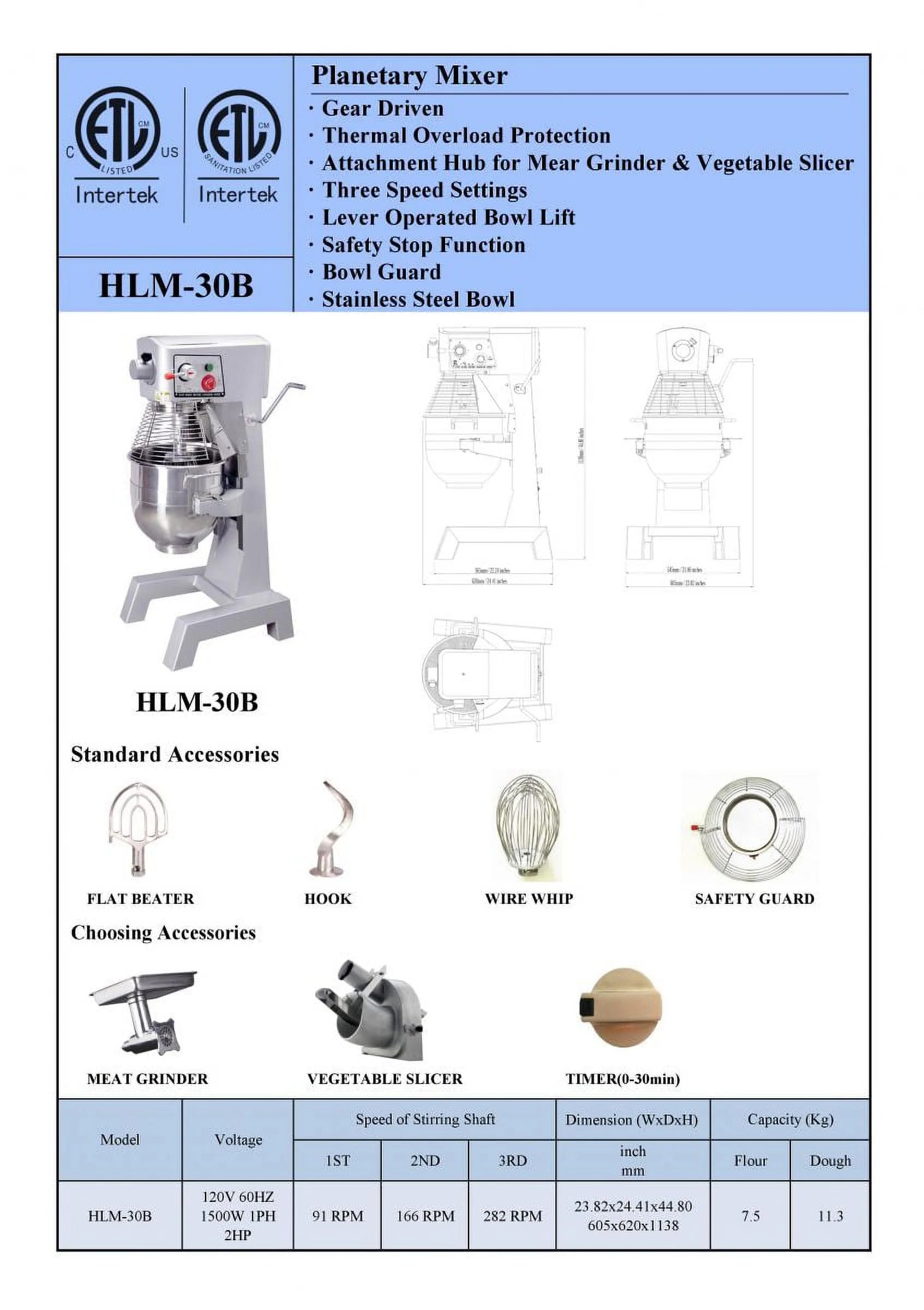 30Qt Commercial Dough Mixer 1500W Electric Food Mixer with 3 Speed A22158