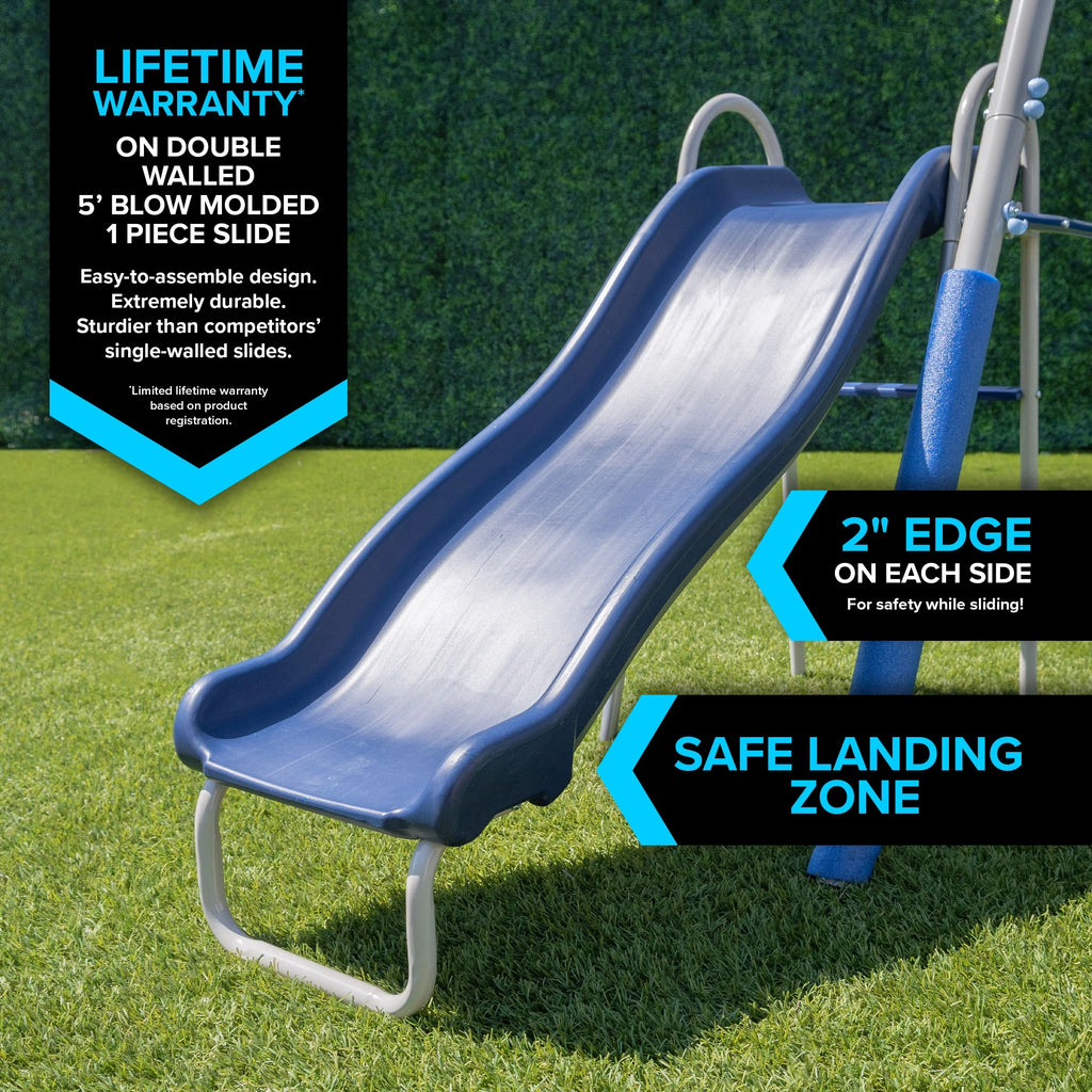 Metal Swing Set with LED Swing Seats, 2 Person Glider & 5' Double Wall Slide R23636