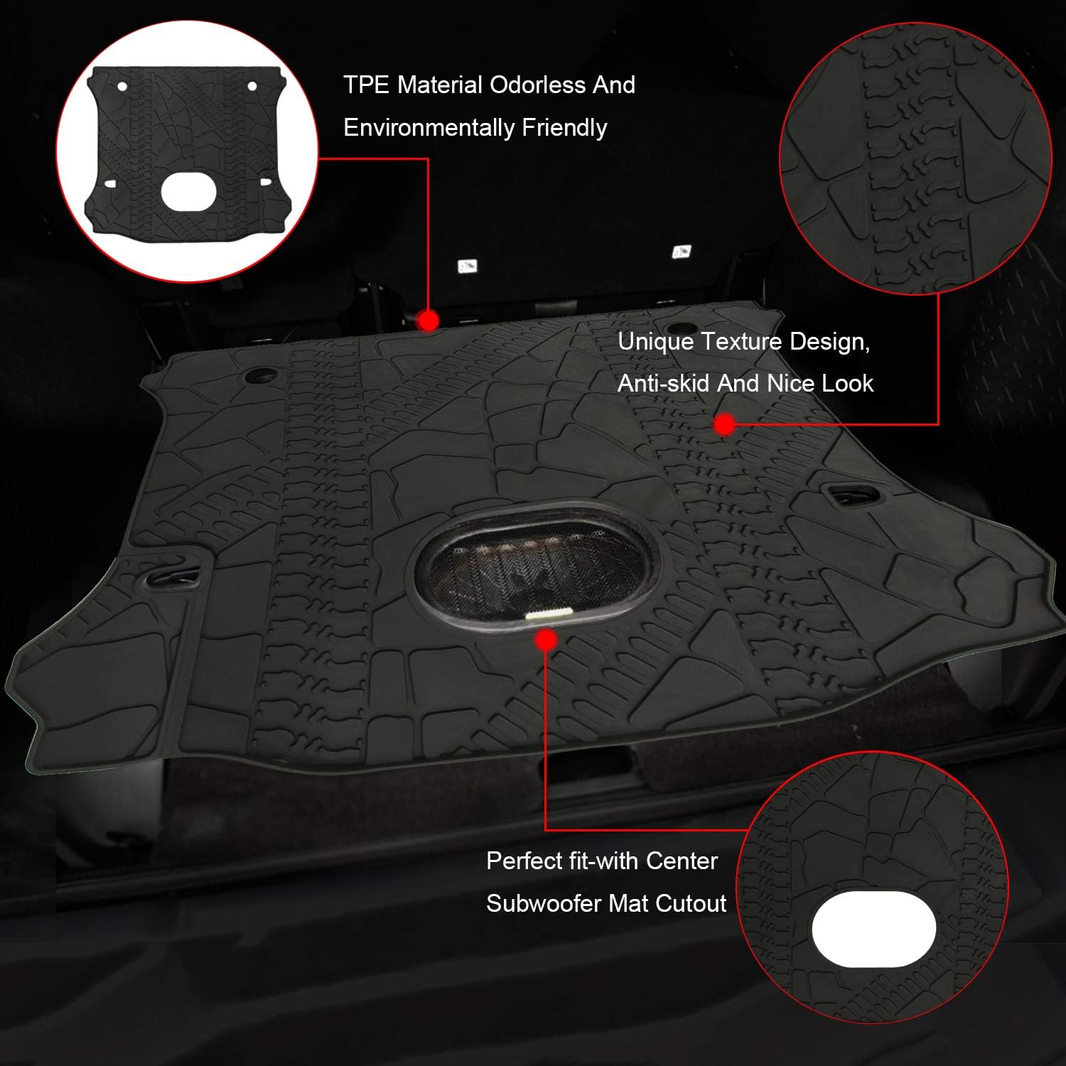 Black Rear Trunk Cargo Floor Mat for 4 Door Wrangler with Subwoofer Mat Cutout E770481