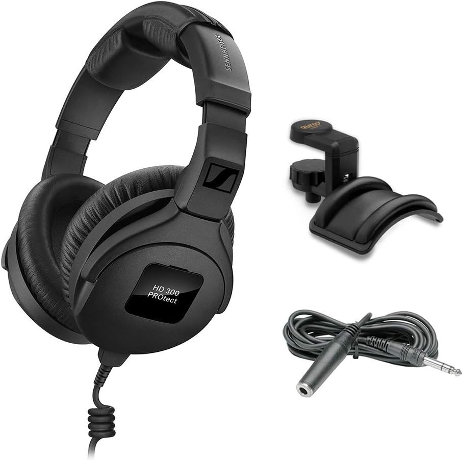 Black HD 300 Pro Headphones with Headphone Holder & Stereo 1/4 Male Phone TRS Headphone Extension Cable 10' E4606