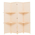 Freestanding Wood Frame Woven Bamboo 4 Panels Hinged Privacy Screen Partition with 2 Display Shelves O29954