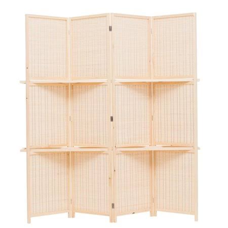 Freestanding Wood Frame Woven Bamboo 4 Panels Hinged Privacy Screen Partition with 2 Display Shelves O29954