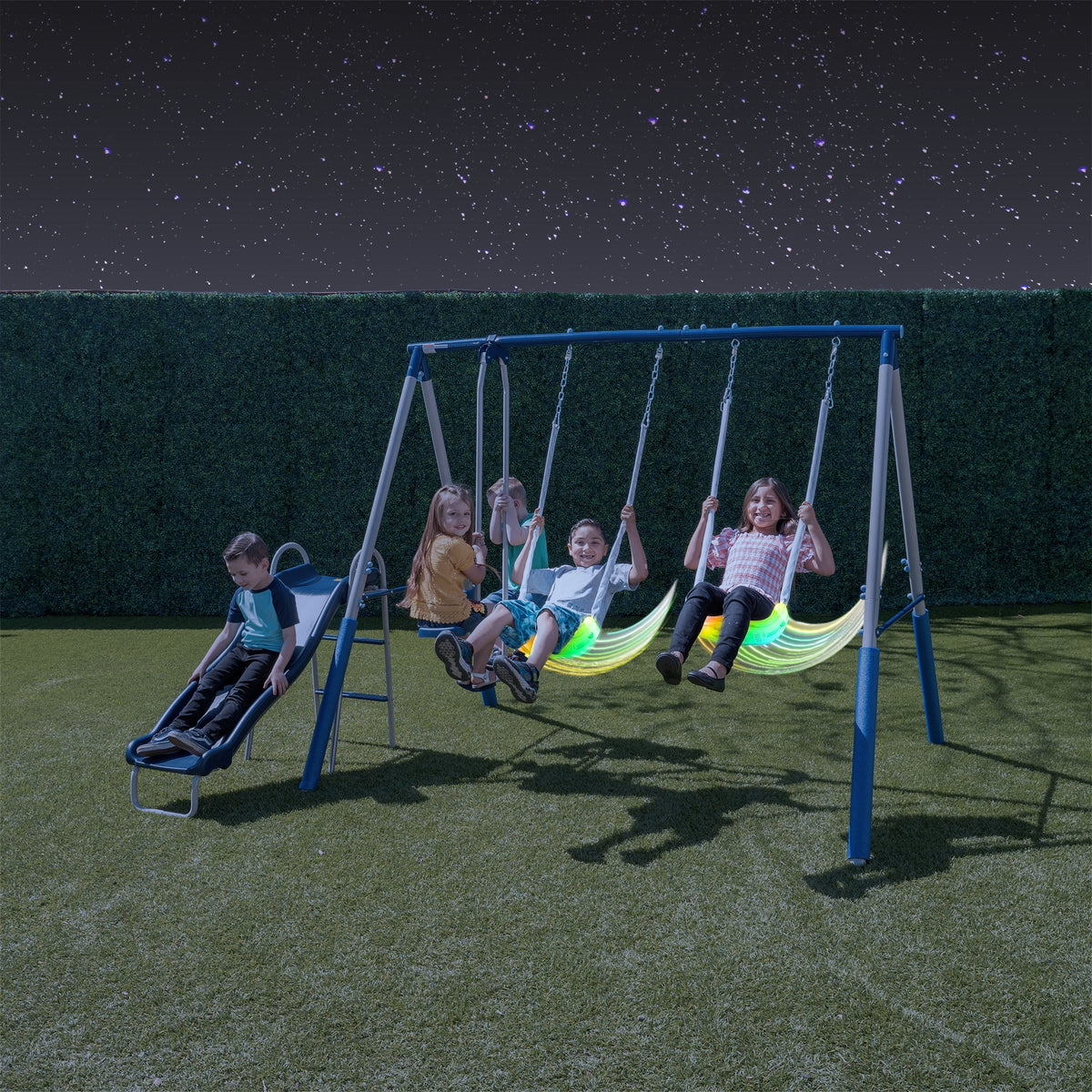 Metal Swing Set with LED Swing Seats, 2 Person Glider & 5' Double Wall Slide R23636