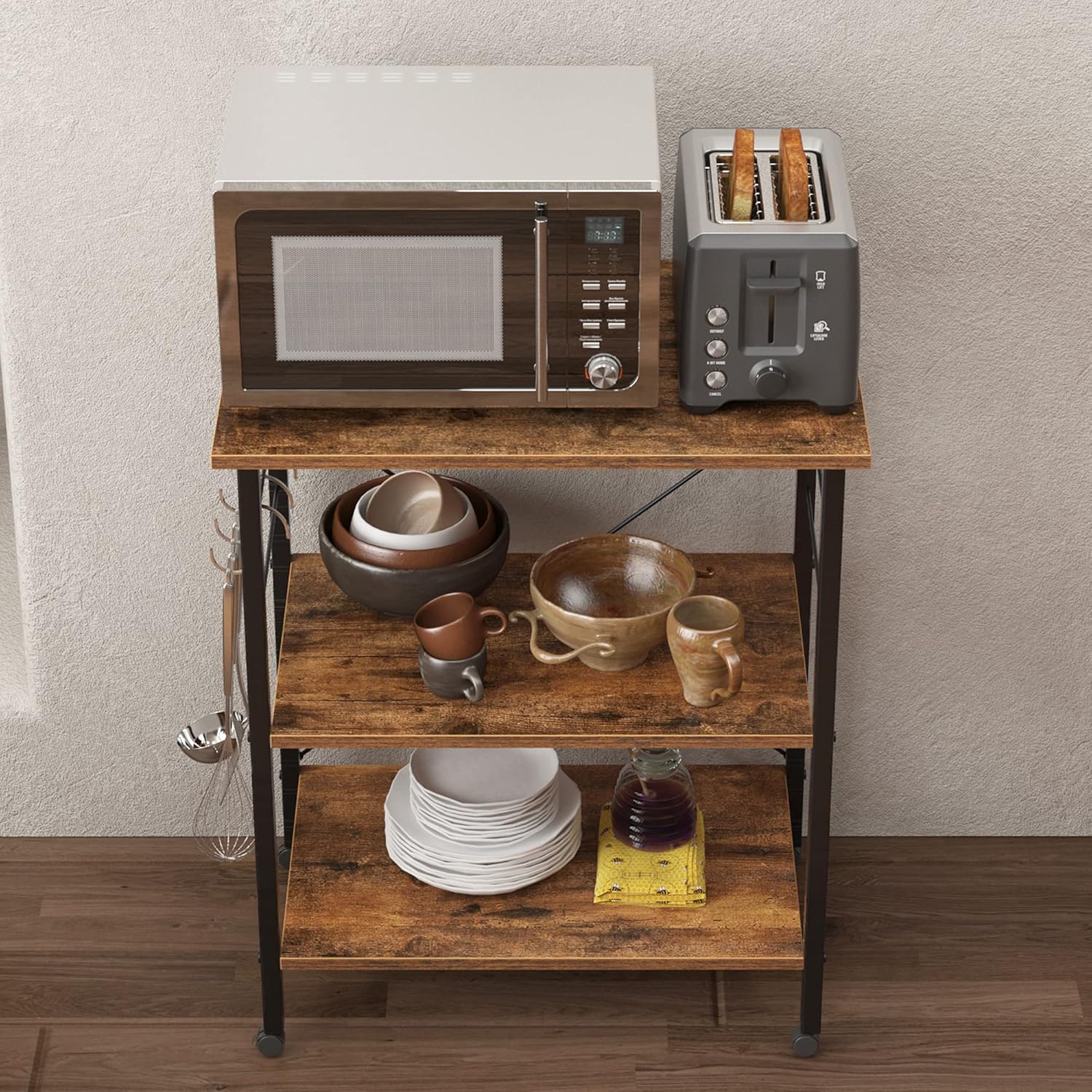 Rustic Brown 3 Tier Utility Storage Shelf with Lockable Caster K35992