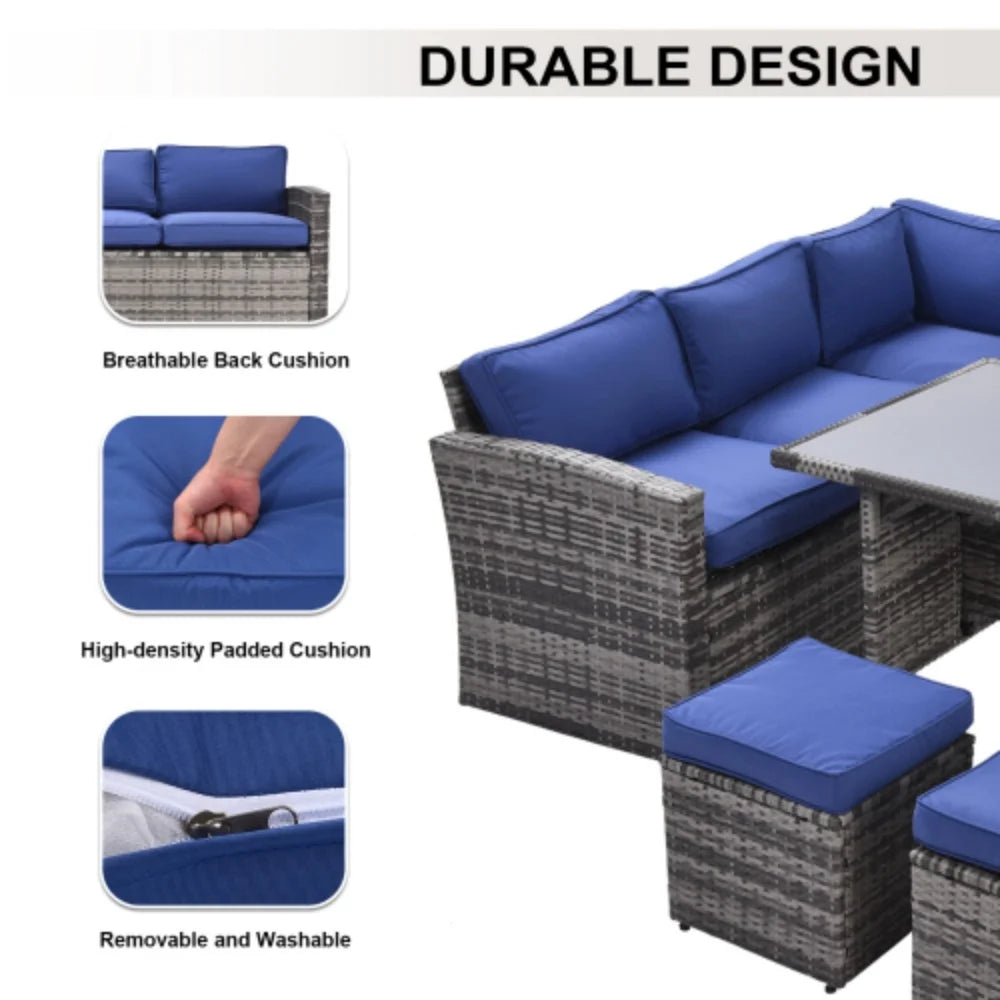 7 Piece Outdoor Patio Furniture Set with Dining Table, Chairs and Ottomans V222009
