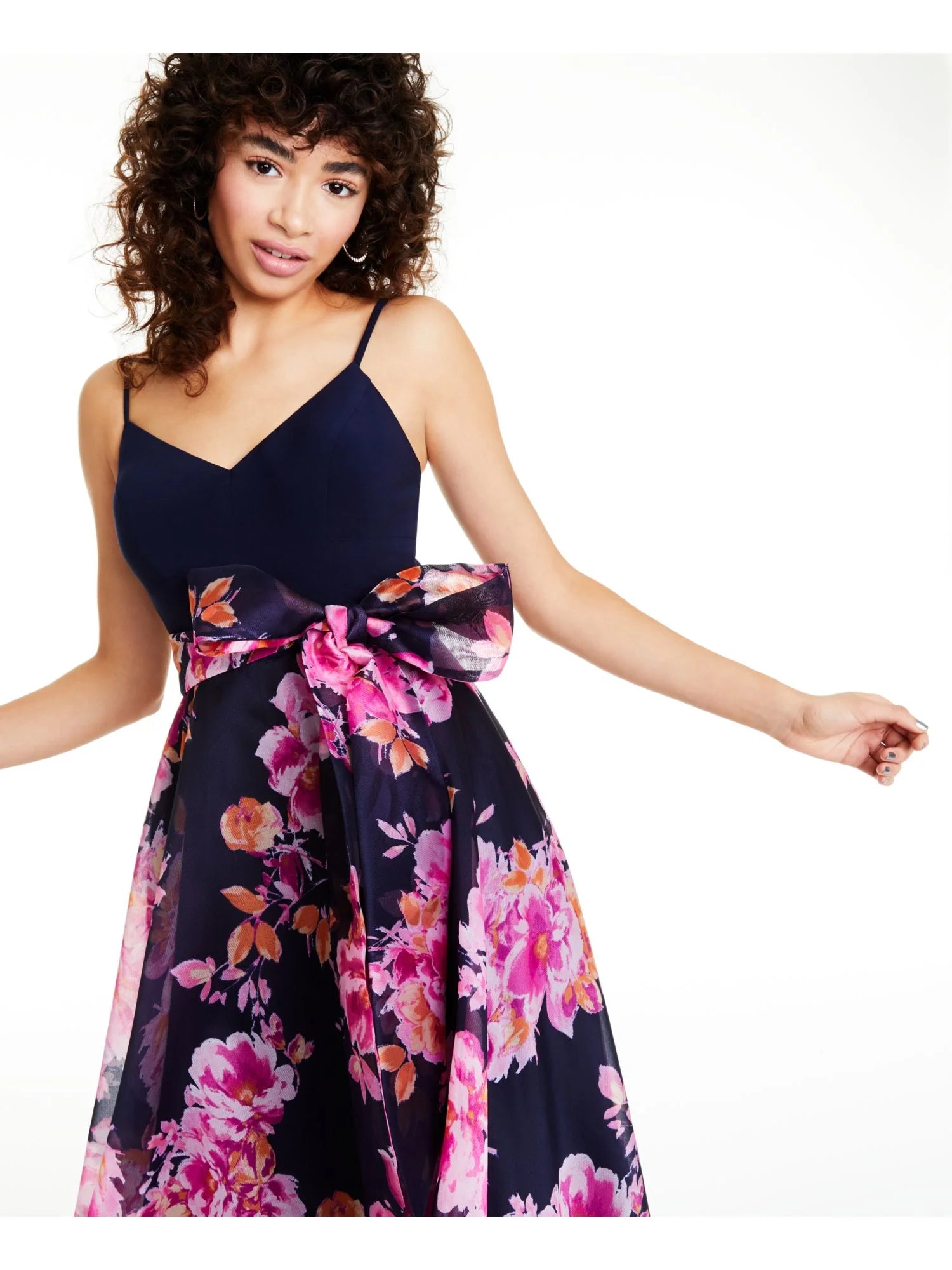 Navy Floral Spaghetti Strap V Neck Full-Length Fit + Flare Dress U32913