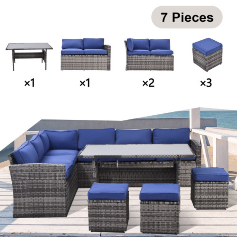 7 Piece Outdoor Patio Furniture Set with Dining Table, Chairs and Ottomans V222009