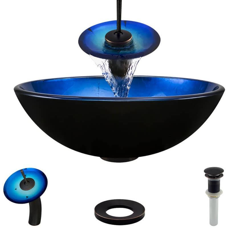 Foil Undertone Glass Vessel Sink with Antique Bronze Waterfall Faucet Q556