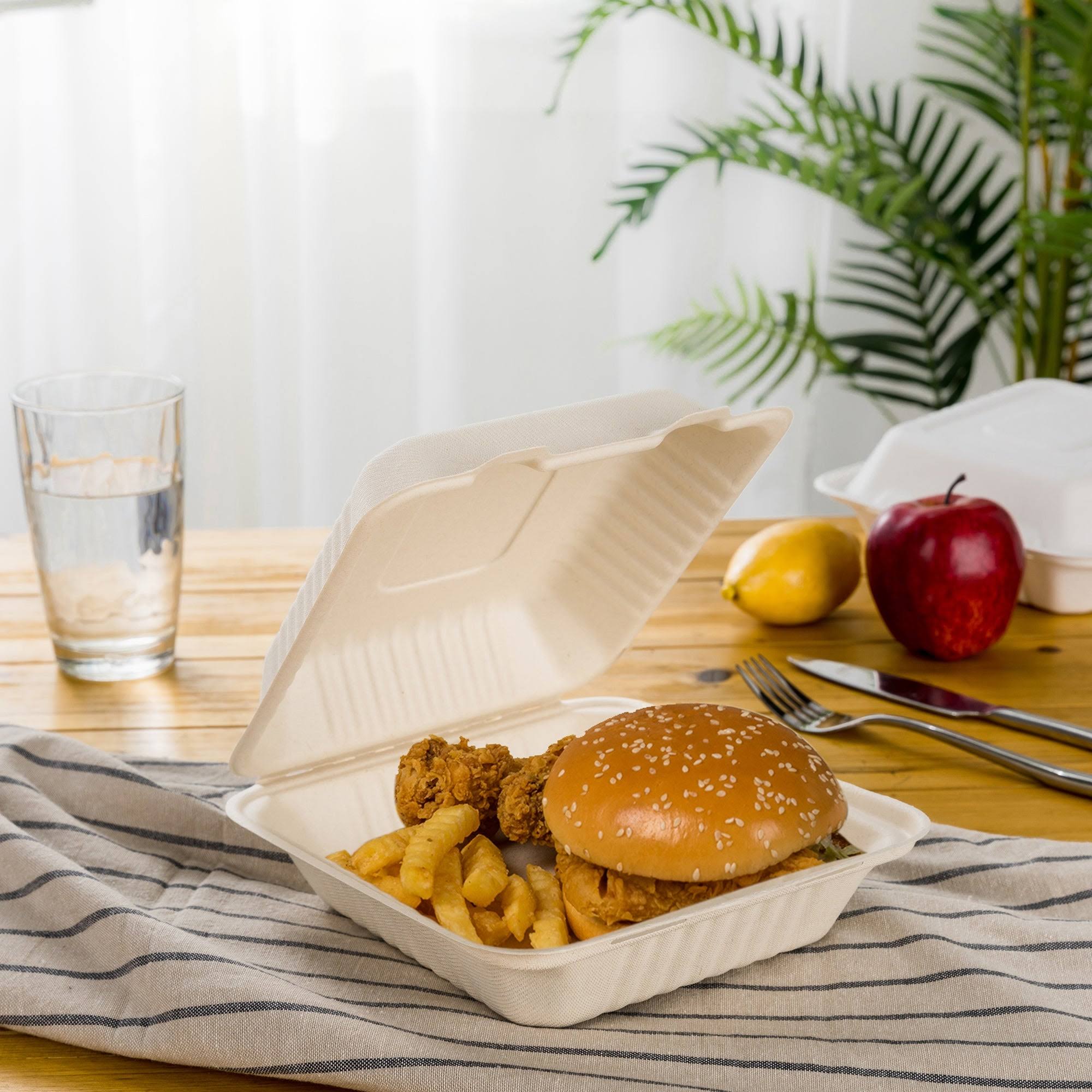 8 in. White Sugarcane Clamshell Containers (300 Pack) R98795