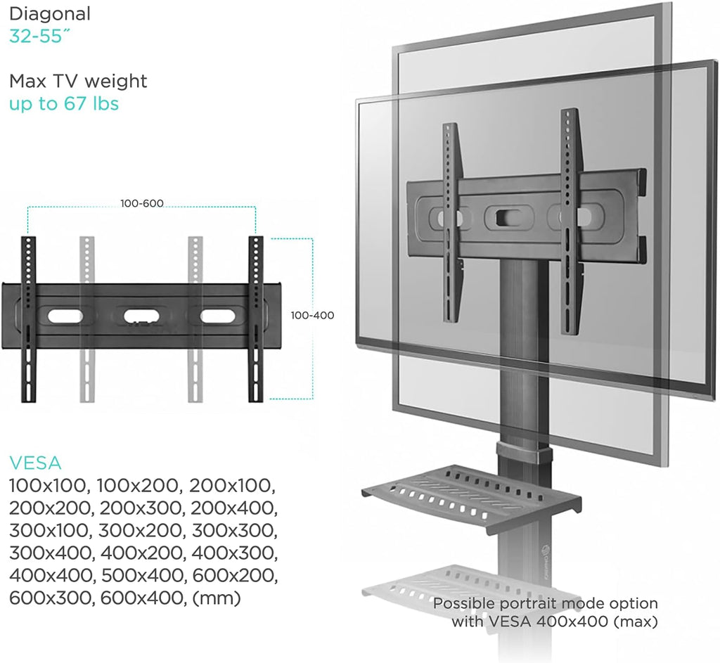 Mobile TV Stand Rolling TV Cart with Wheels for 32” – 55” LCD LED Flat Screen TVs with 2 Shelves Height Adjustable TV Trolley R54702