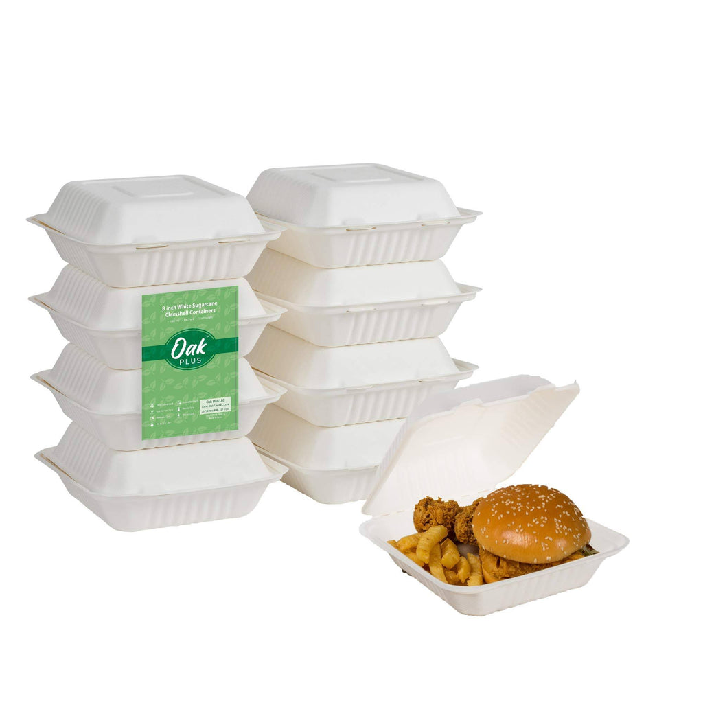 8 in. White Sugarcane Clamshell Containers (300 Pack) R98795