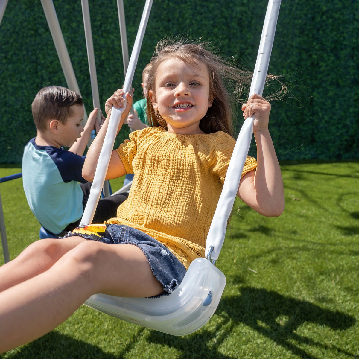 Metal Swing Set with LED Swing Seats, 2 Person Glider & 5' Double Wall Slide R23636