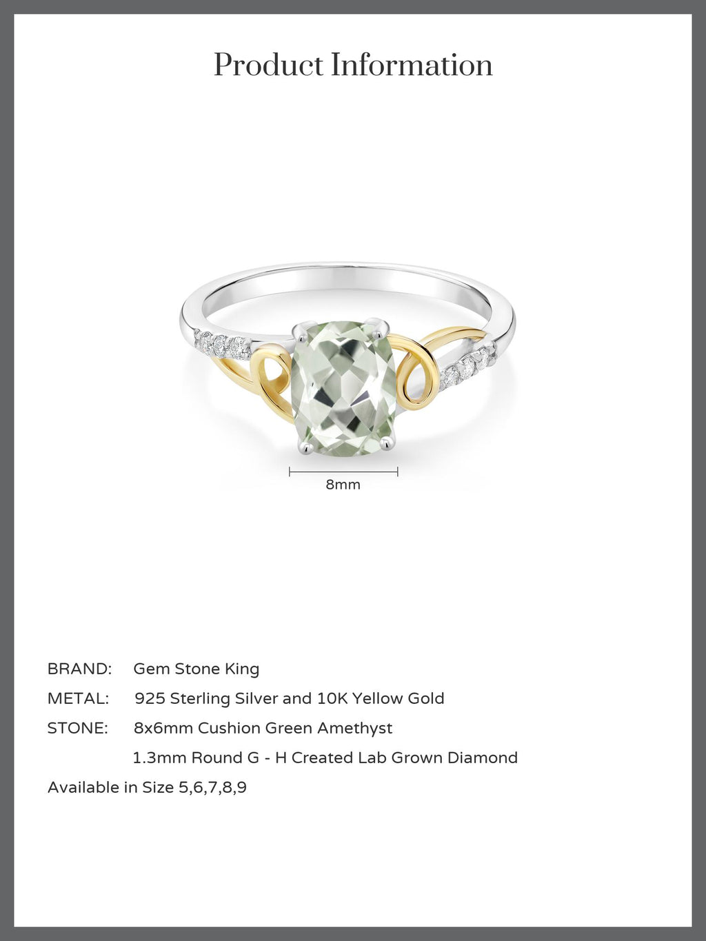 2 Tone 10K Yellow Gold and 925 Sterling Silver Green Prasiolite and White Lab Grown Diamond Ring S378