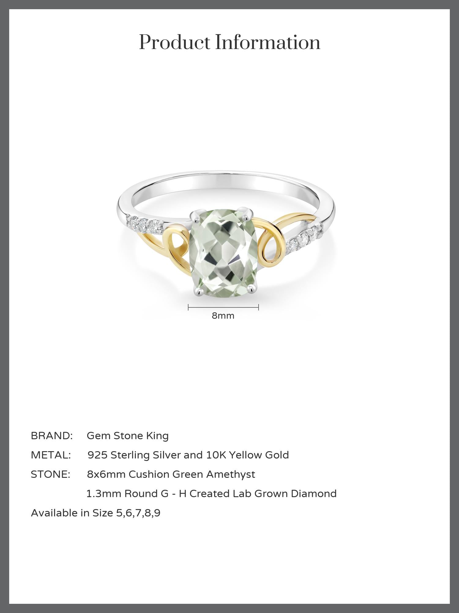 2 Tone 10K Yellow Gold and 925 Sterling Silver Green Prasiolite and White Lab Grown Diamond Ring S378