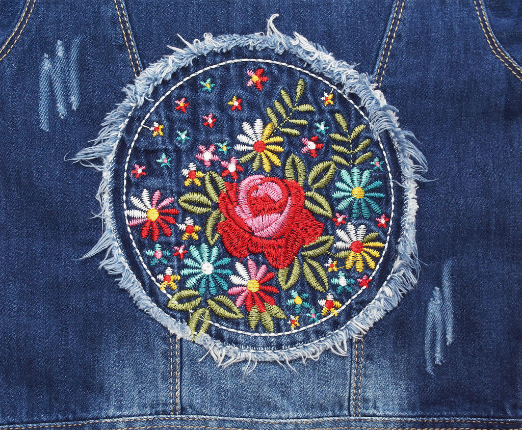 Pink Detachable Hood Flower Embroidered Jean Jacket C4616