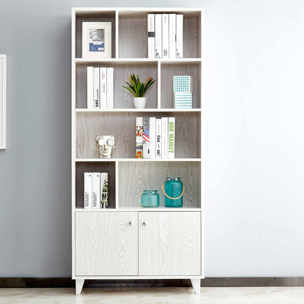 White Bookcase with 2 Doors 7 Open Shelves P89211