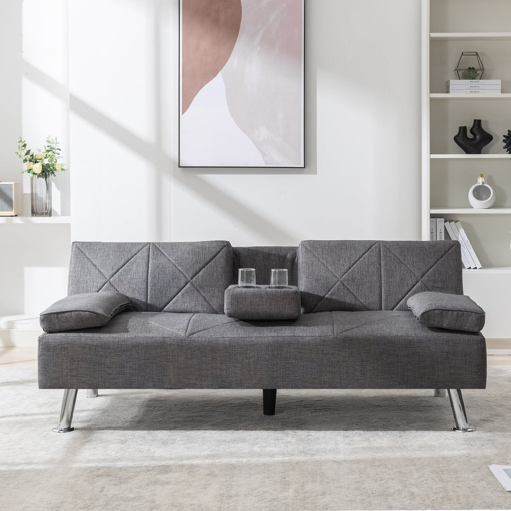 Gray Linen Convertible Folding Futon Sofa Bed with Removable Armrests Z291291