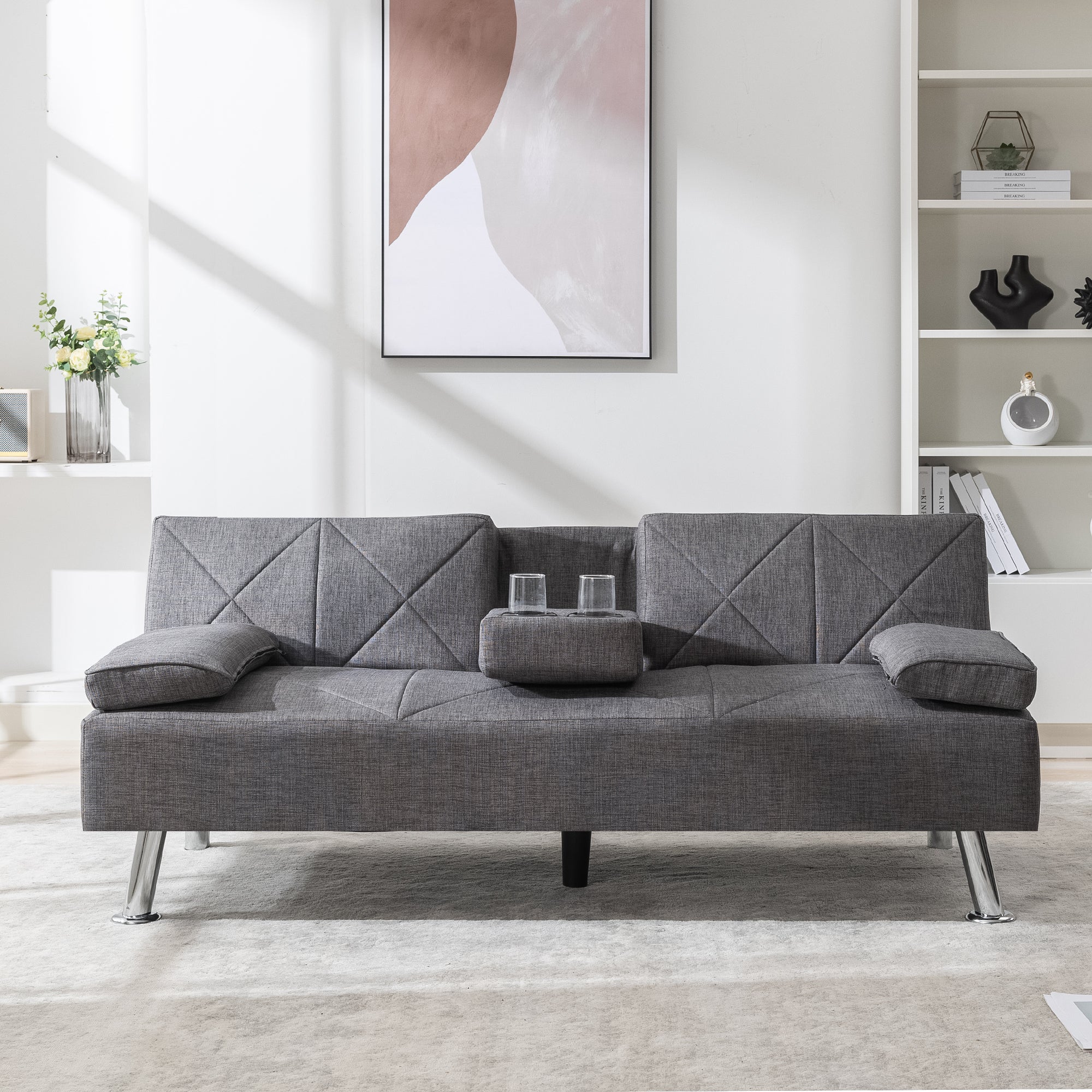 Gray Linen Convertible Folding Futon Sofa Bed with Removable Armrests Z291291