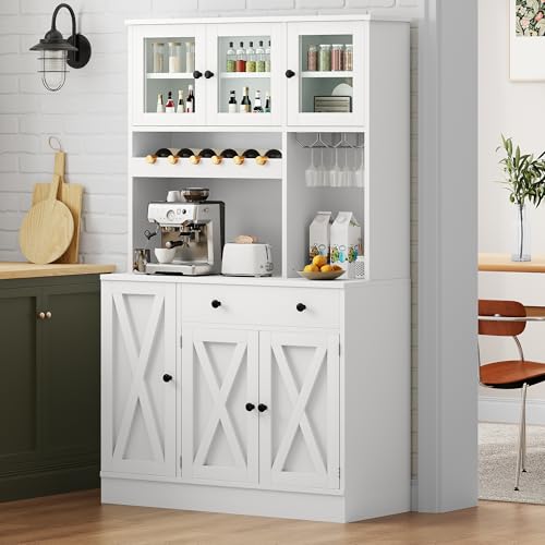 Grey Tall Kitchen Pantry Cabinet with Doors, Shelves, Drawer, Wine Rack, Power Outlet X408