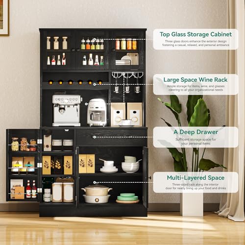 Grey Tall Kitchen Pantry Cabinet with Doors, Shelves, Drawer, Wine Rack, Power Outlet X408