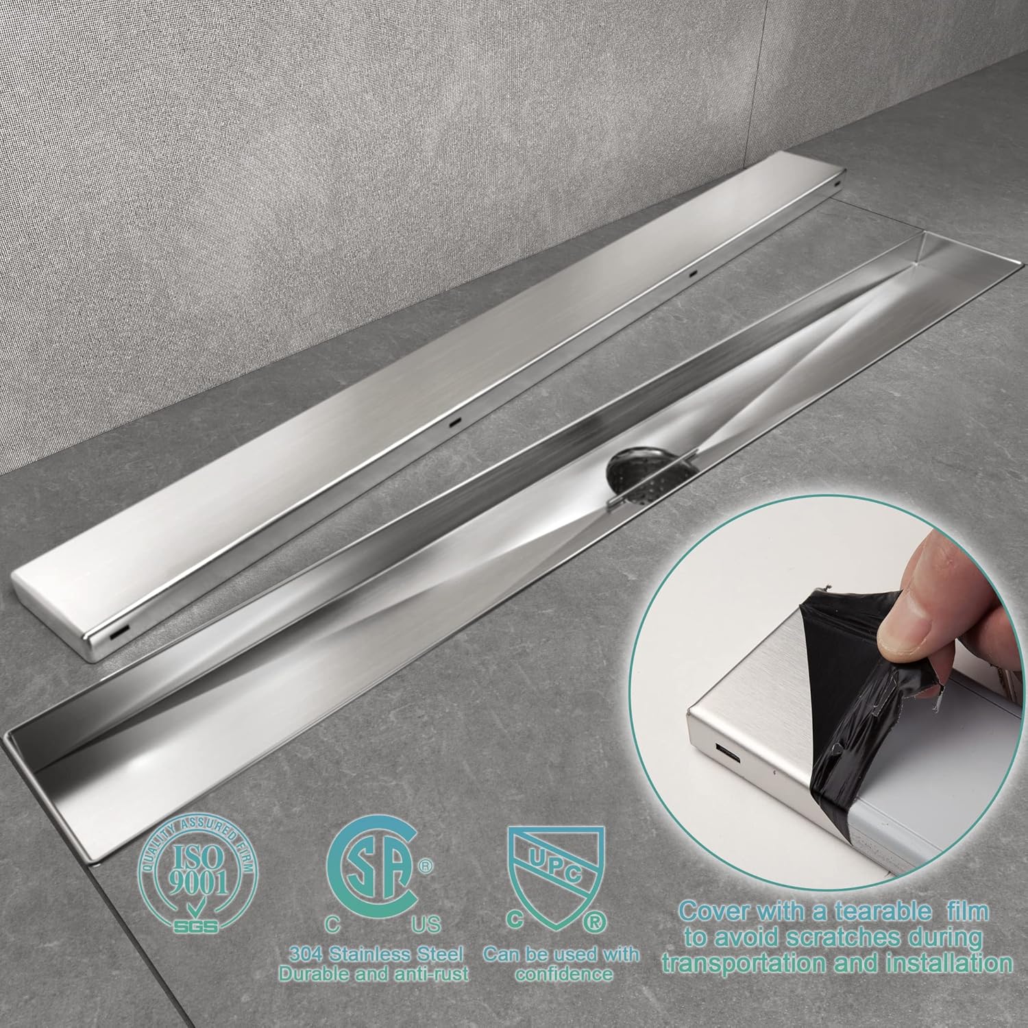 24 Inch Rectangle Shower Drain with Tile Insert Grate, Brushed 304 Stainless Steel, Pack of 2 O6269