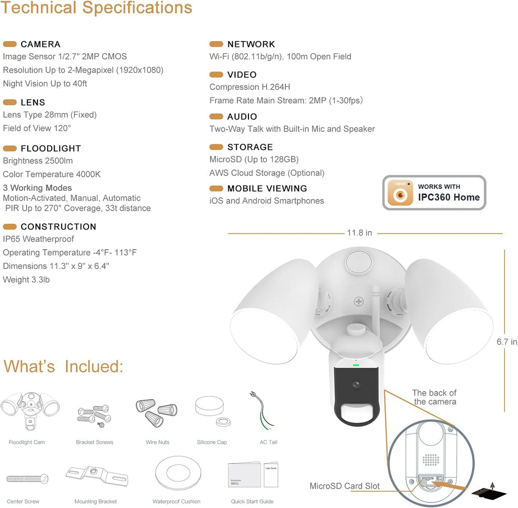 Outdoor Motion Sensor Floodlight Camera with Siren Alarm IP65 Waterproof Night Vision Two-Way Audio White D24304