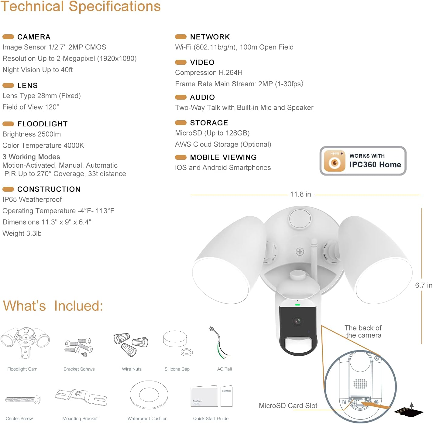 Outdoor Motion Sensor Floodlight Camera with Siren Alarm IP65 Waterproof Night Vision Two-Way Audio White D24304