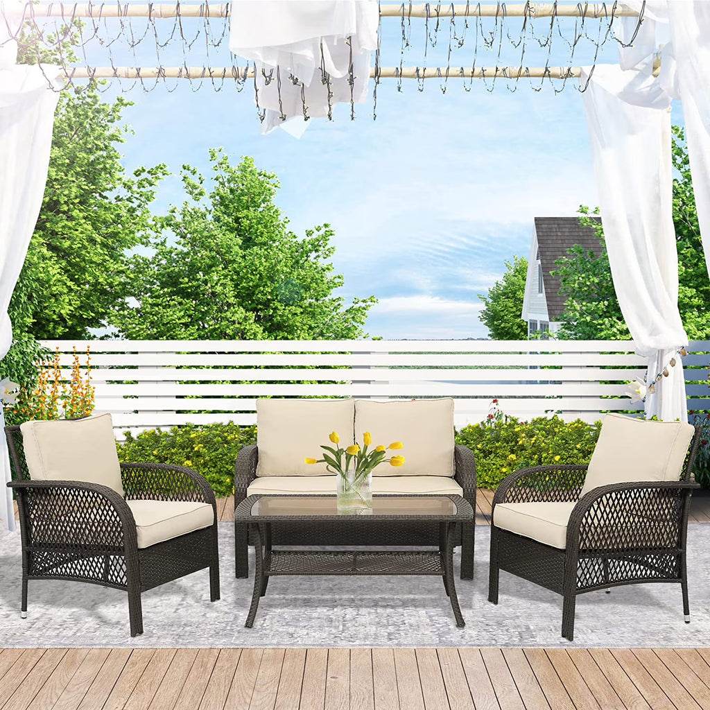 Beige 4 Pcs Outdoor Wicker Conversation Sofa Set Z222859