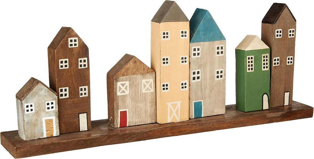 Multicolored Hand-Carved Mango Wood Village on Tray G848664