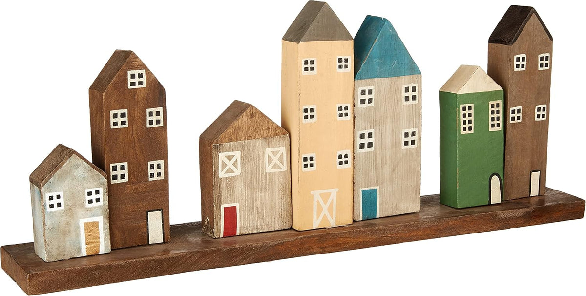 Multicolored Hand-Carved Mango Wood Village on Tray G848664