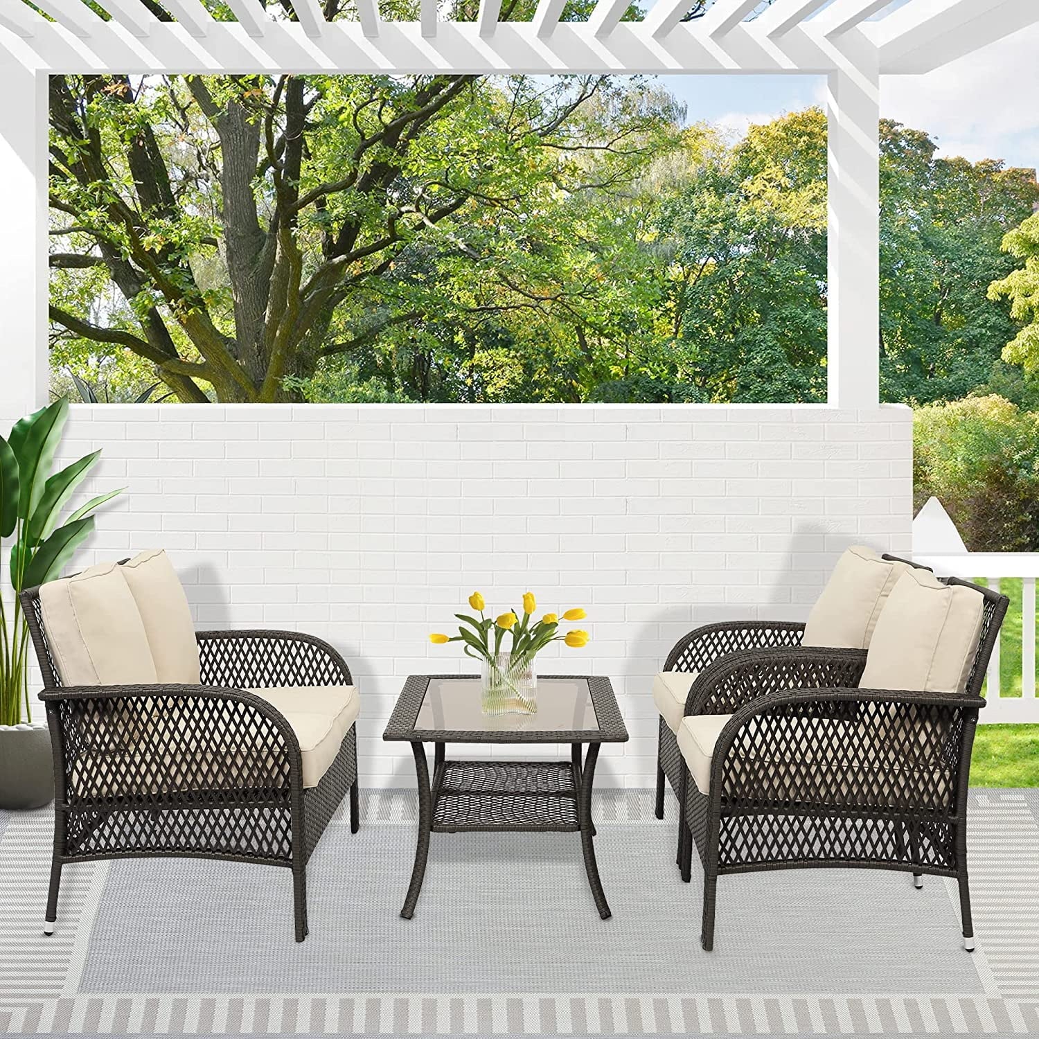 Beige 4 Pcs Outdoor Wicker Conversation Sofa Set Z222859