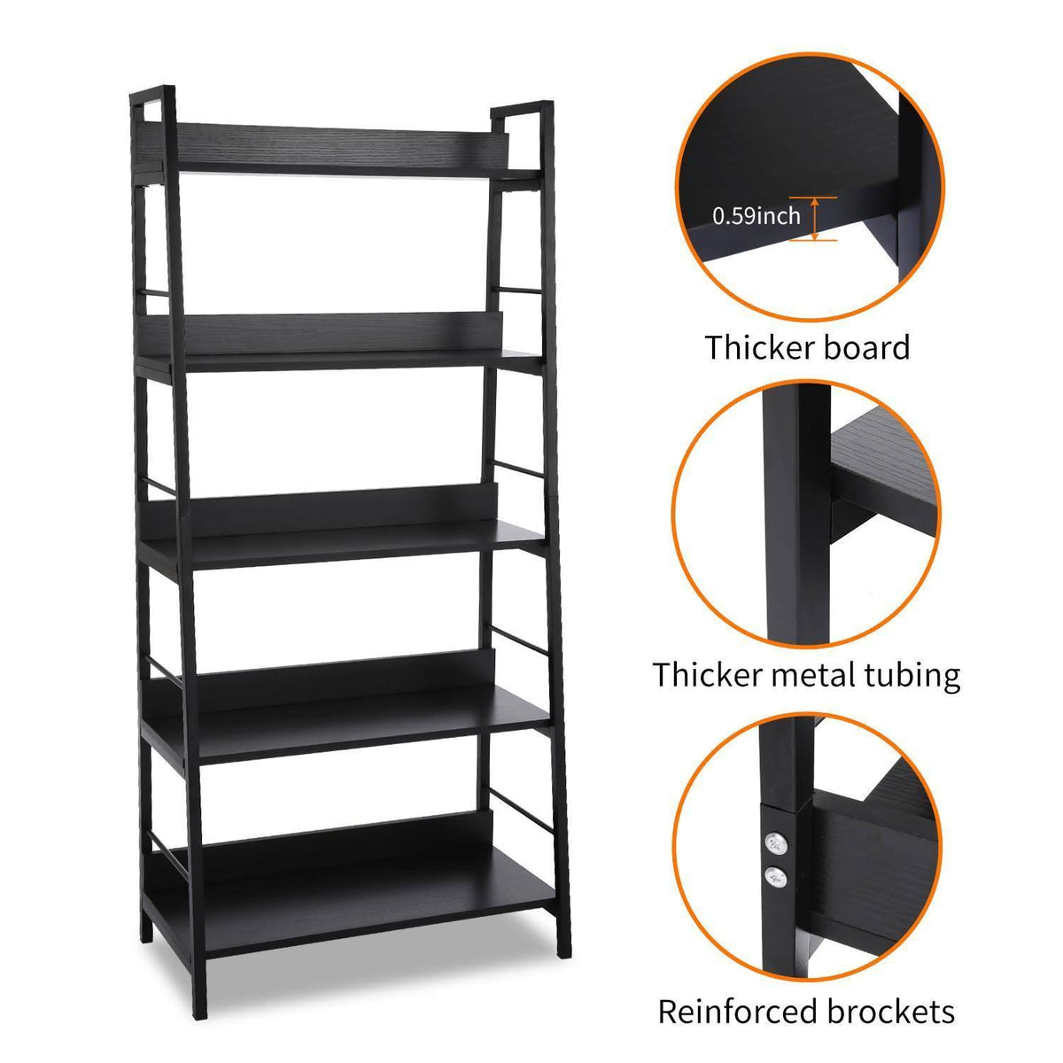 Black 5 Tier Metal Frame Wood Shelves Bookcase G400
