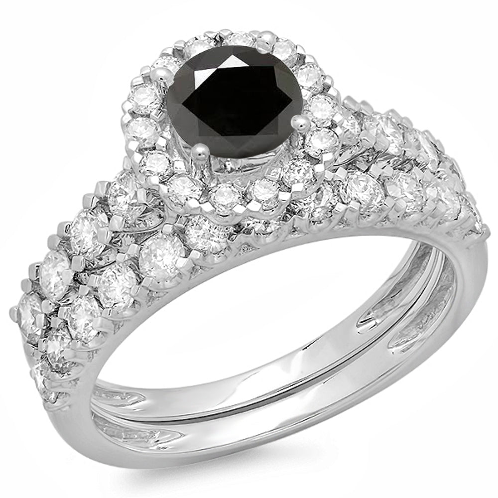 18K White Gold Round Cut Black & White Diamond Engagement Ring O442