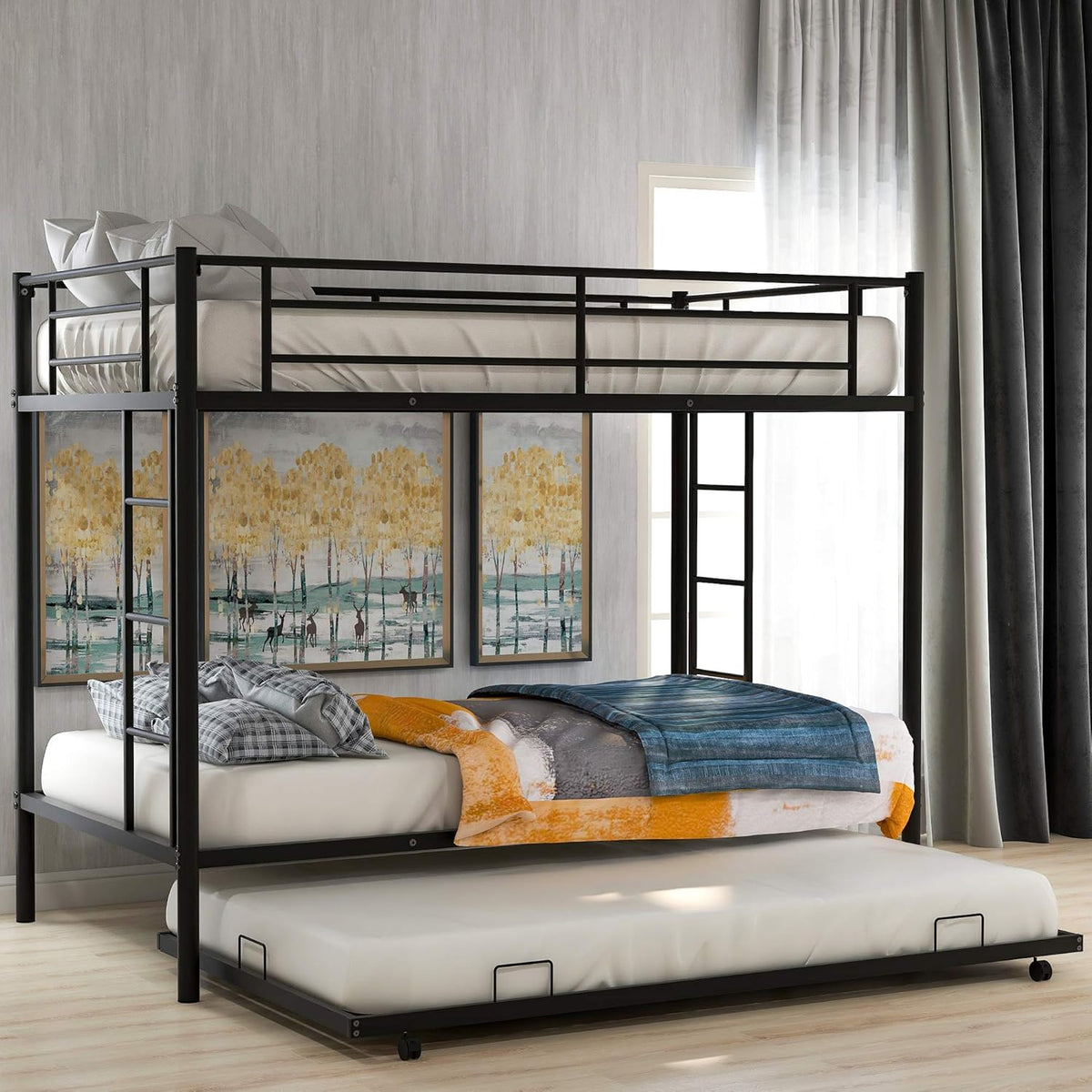 Black Twin Over Twin Metal Bunk Bed with Trundle X59748
