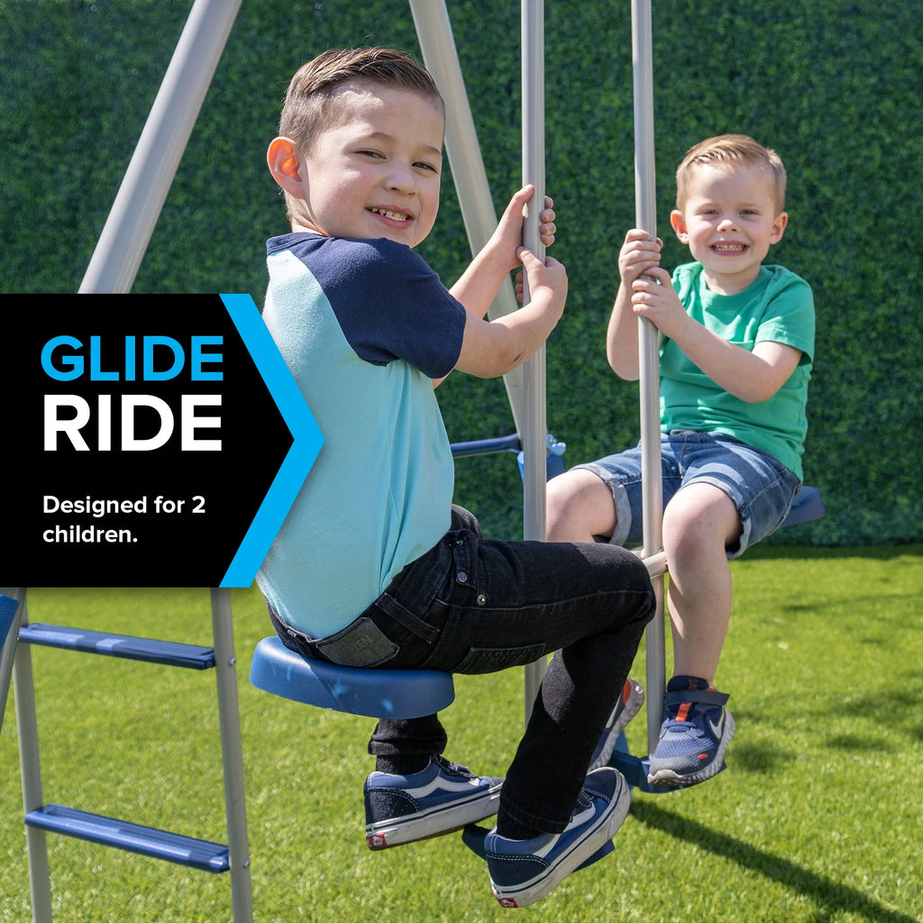 Metal Swing Set with LED Swing Seats, 2 Person Glider & 5' Double Wall Slide R23636