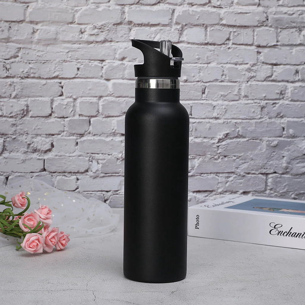 Black Water Bottle Vacuum Insulated Stainless Steel Leak-Proof Wide Mouth Kettle with Straw Lid Y853292