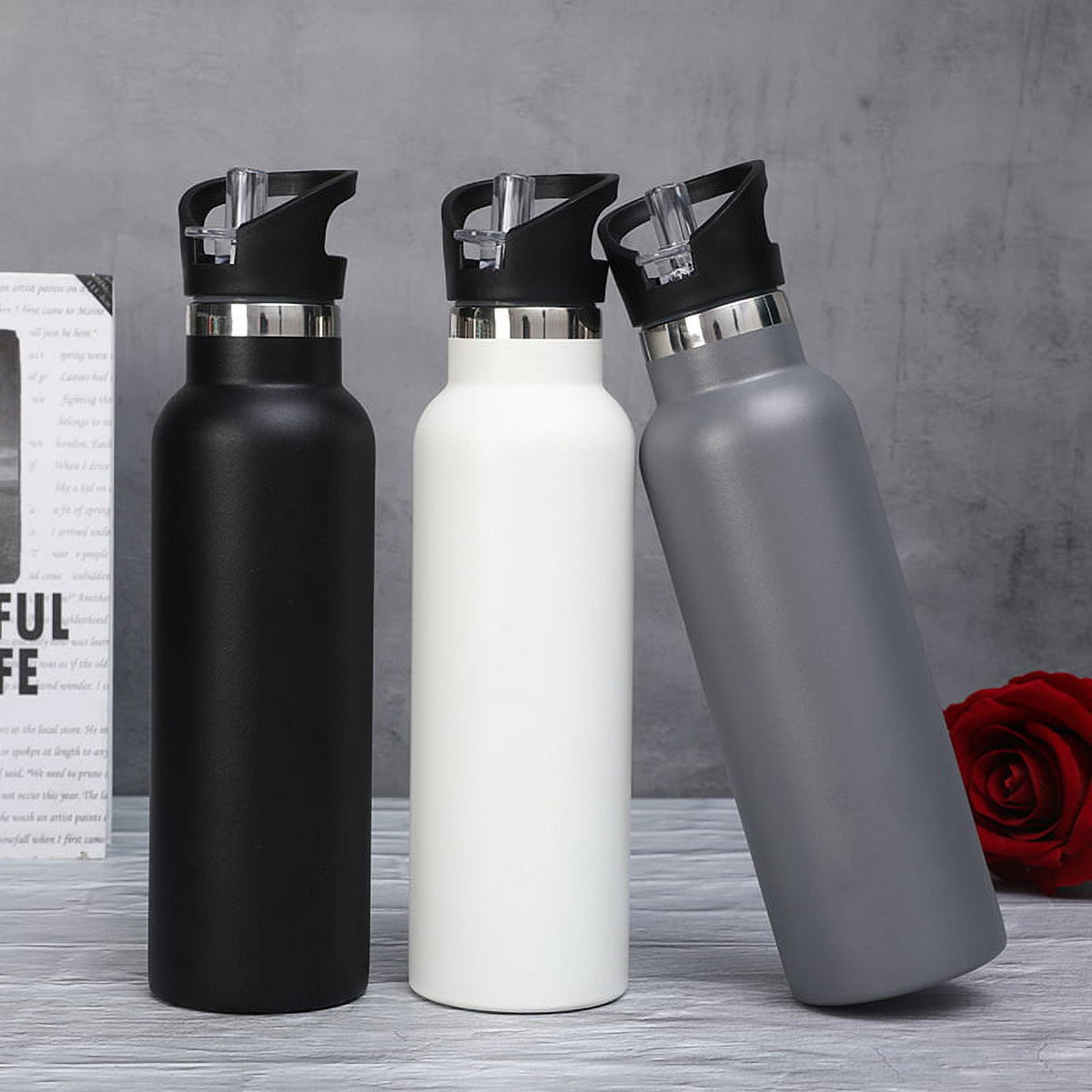 Black Water Bottle Vacuum Insulated Stainless Steel Leak-Proof Wide Mouth Kettle with Straw Lid Y853292