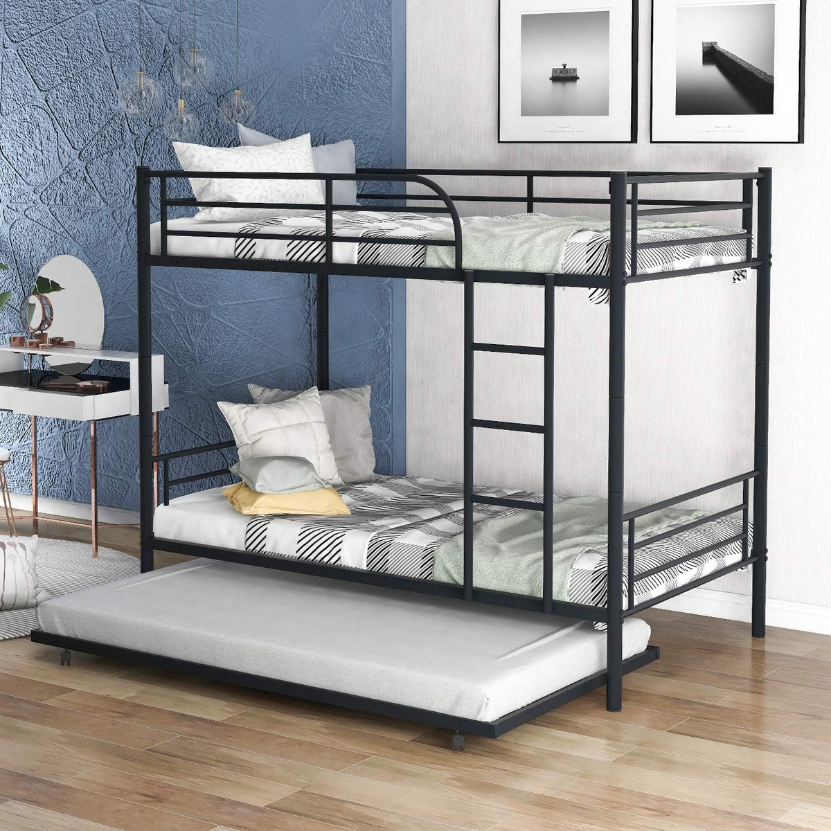 Black Twin Over Twin Metal Bunk Bed with Trundle X59748
