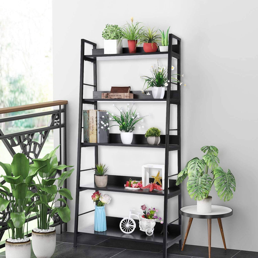 Black 5 Tier Metal Frame Wood Shelves Bookcase G400